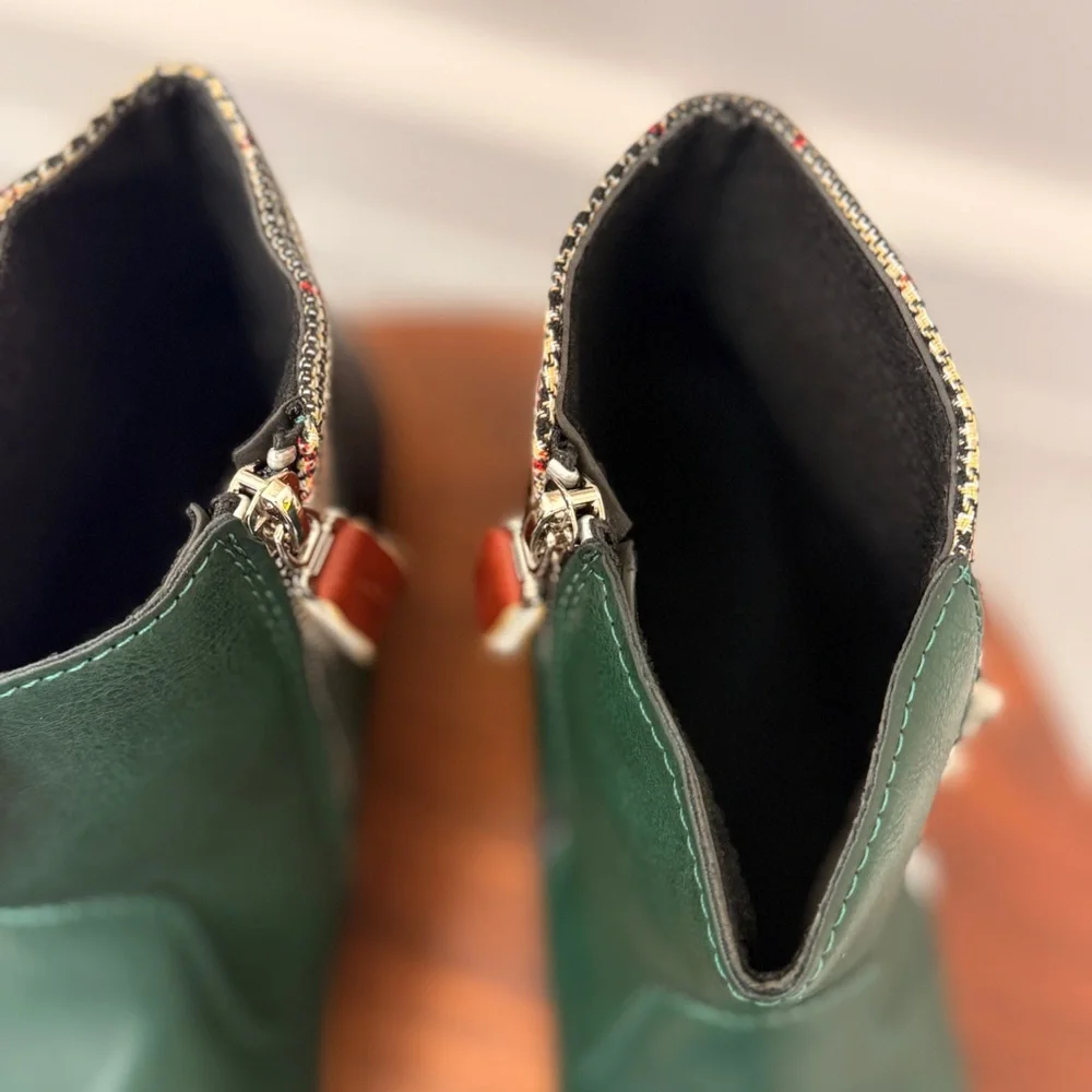 Green Black‎ Plaid Trim Faux Leather Ankle Boots Flat Side Zip Booties